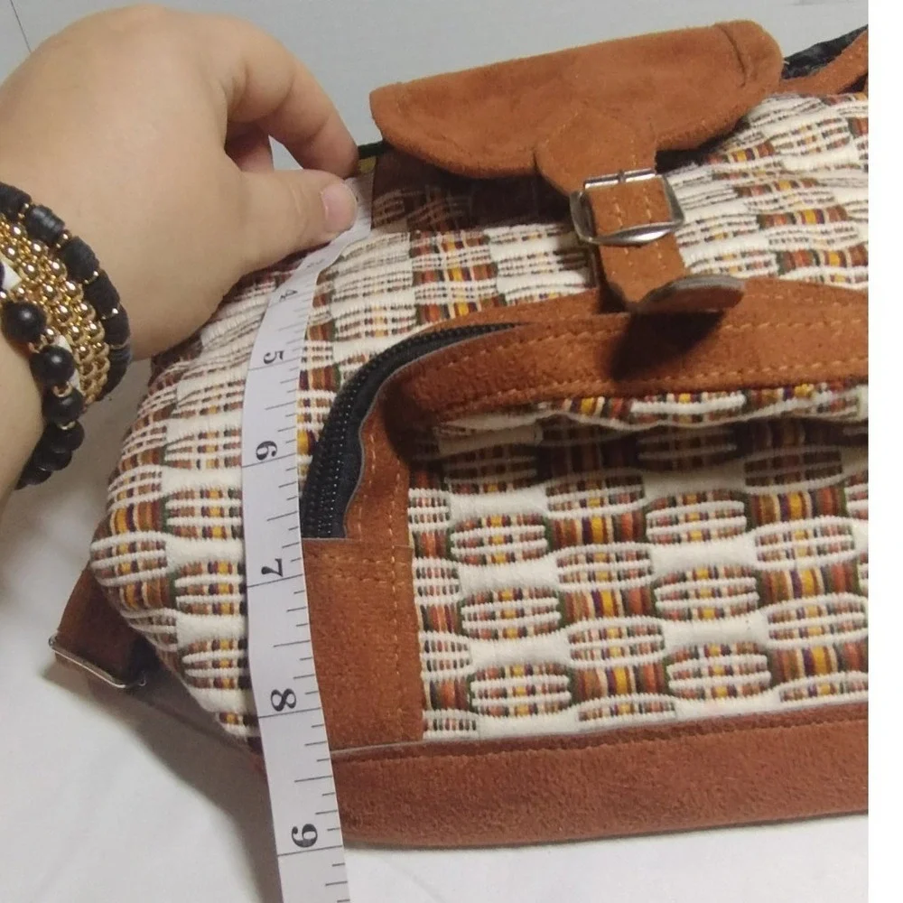 Bohemian Woven Mini Backpack Faux Suede Trim Brown Cream Geometric Boho Bag